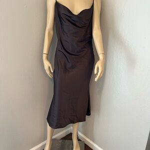 Meshki Brown Satin Cowl Neck L Midi Slip Dress